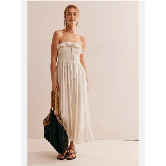 New Free People Lush Life Linen Strapless Midi Dress Ivory White - Picture 9 of 9